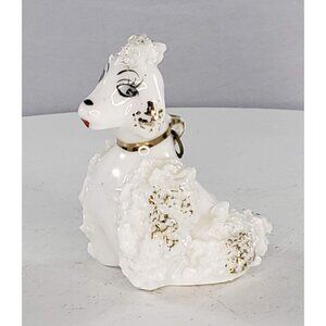 Vintage Spaghetti Poodle Dog White Figurine Sitting Gold Collar MCM Leash Loop